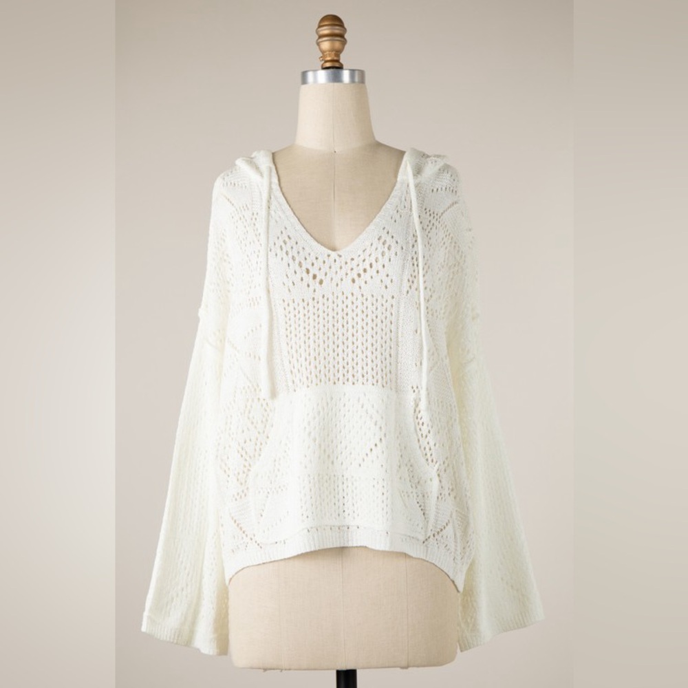 Ivory Crochet Multi Knit Pattern Hoodie With Pocket - Picture 2 of 4